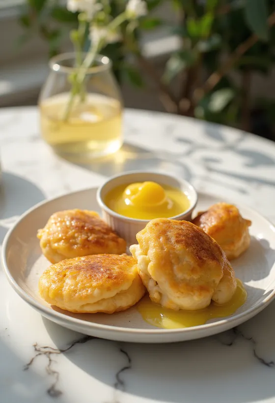 Æbleskiver z limonino kremo, sveže in debele kroglice, okrašene z limonino omako