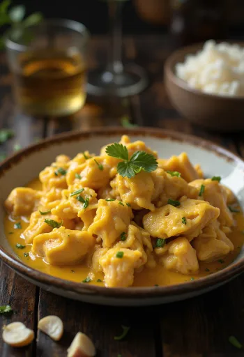 Ají de Gallina s česnom, postreženo s sočnim piščančjim mesom in bogato omako.