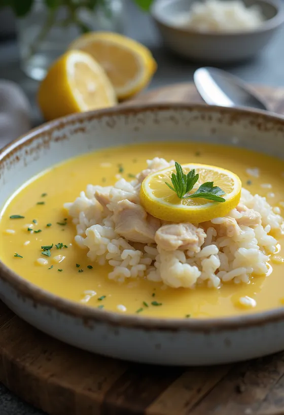 Avgolemono juha z rižem, limonina jajčna juha s piščančjo osnovo, postrežena s svežim peteršiljem