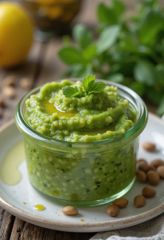 Pesto s porom kremaste teksture v svetli posodici, pokapljan s praženimi semeni in oljčnim oljem