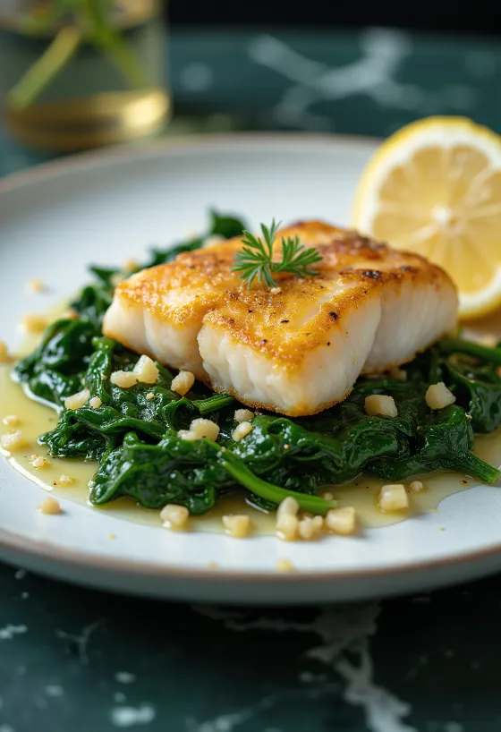 Pečena riba s česnovo špinačo, postrežena