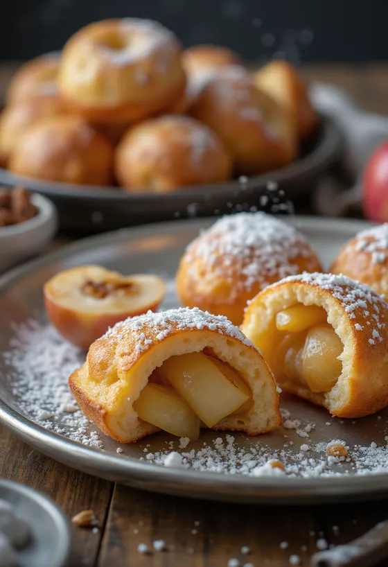 Æbleskiver z jabolčnim nadevom s cimetom, zlato rjavo zapečeni, posuti s sladkorjem v prahu