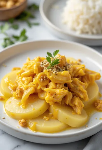 Ají de gallina brez jajc, postreženo s piščancem v kremasti rumeni omaki, rižem in krompirjem
