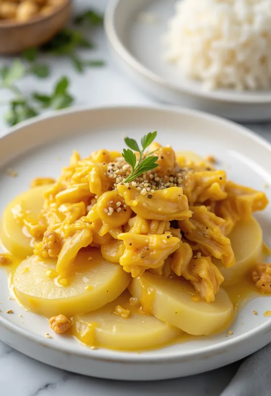 Ají de gallina brez jajc, postreženo s piščancem v kremasti rumeni omaki, rižem in krompirjem