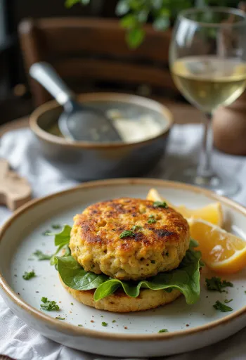 Zelenjavni burger s porom v bombeti, postrežen s svežo solato in zelenjavnim polpetom