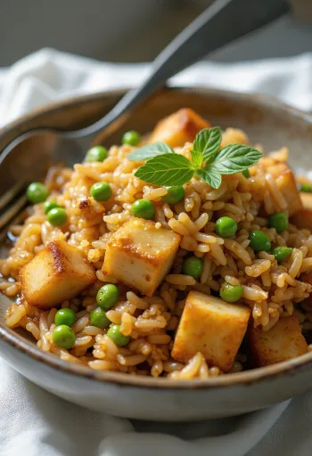 Tempeh v ocvrtem rižu, postrežen z bogato zelenjavo in sojino omako