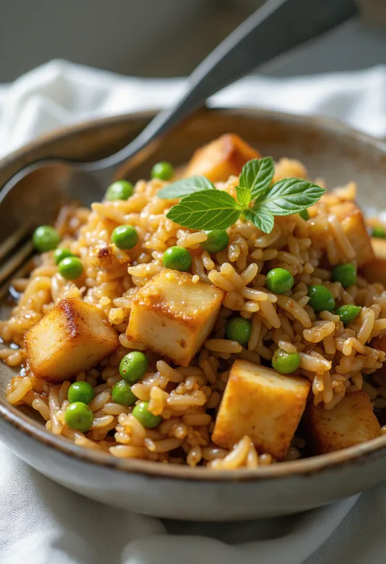 Tempeh v ocvrtem rižu, postrežen z bogato zelenjavo in sojino omako