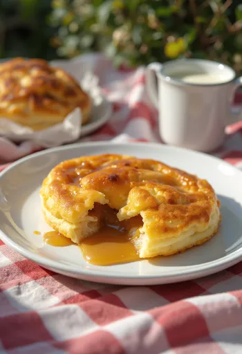 S karamelno kremo polnjen æbleskiver, zlato rjavo zapečen, posut s sladkorjem v prahu