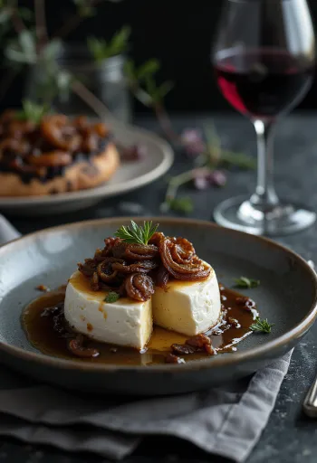 Burrata s pečeno čebulo, postrežena s svežo baziliko