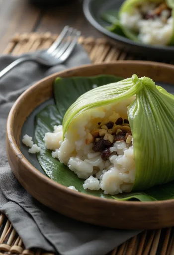 Sladki zongzi s kokosovim nadevom, svežimi orehi in mandlji, kuhan na pari