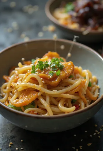 Japchae s česnom, postrežen s rezanci iz sladkega krompirja in zelenjavo