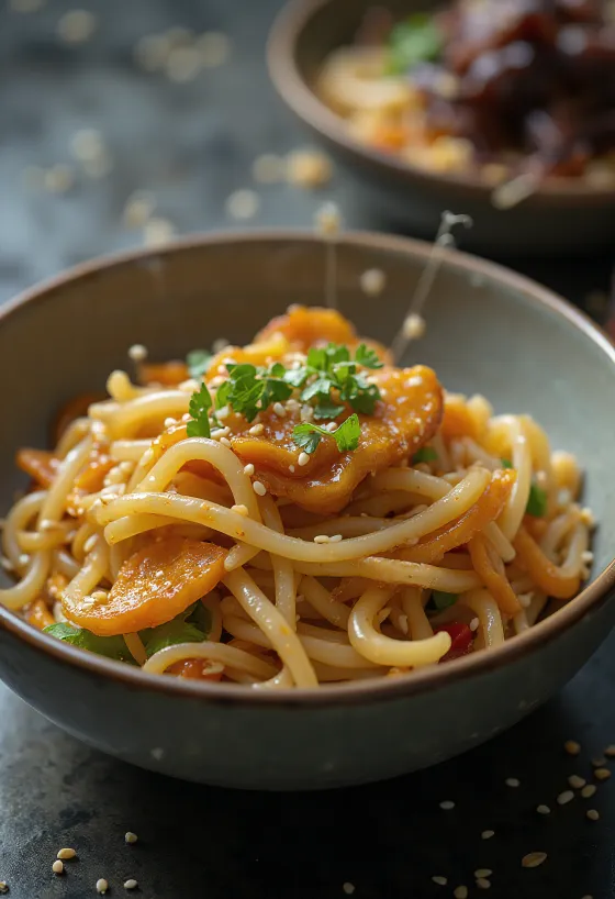 Japchae s česnom, postrežen s rezanci iz sladkega krompirja in zelenjavo