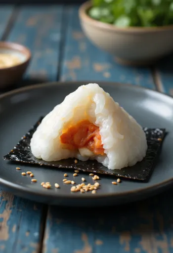 Onigiri s kimčijem in majonezo, postrežen s svežim koriandrom