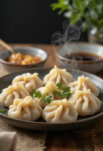 Kitajski svinjski jiaozi cmoki kuhani, postreženi na belem krožniku