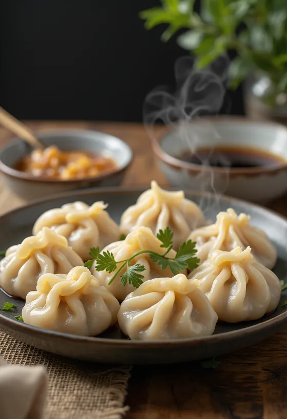 Kitajski svinjski jiaozi cmoki kuhani, postreženi na belem krožniku