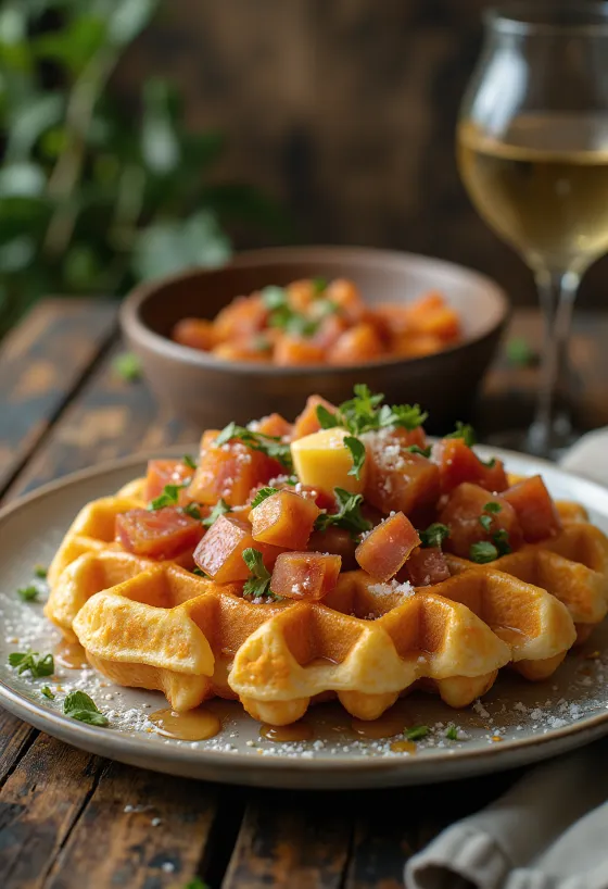 Vaflji s chorizom in sirom manchego, postreženi s peteršiljem in dimljeno papriko