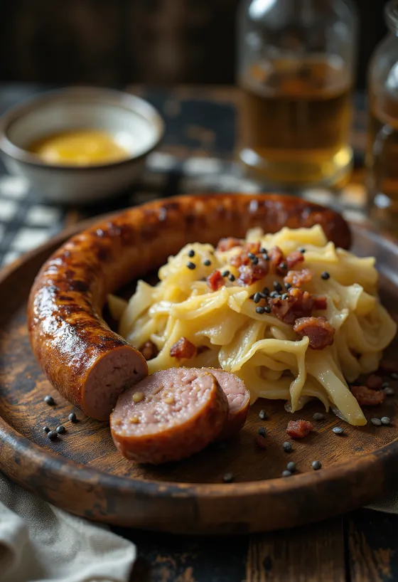 Pečena klobasa z zeljem postrežena