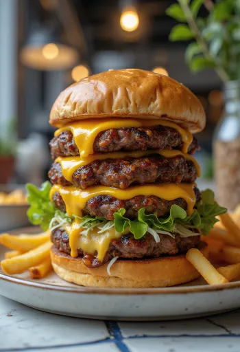 Trojni mesni burger z obilico sira in mesa