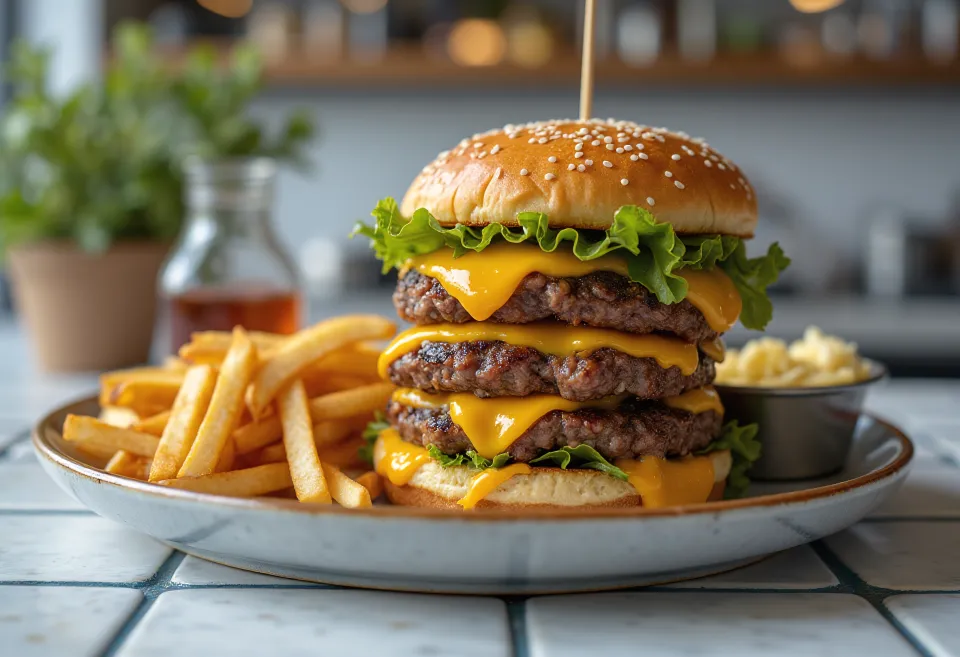 Trojni mesni burger z obilico sira in mesa
