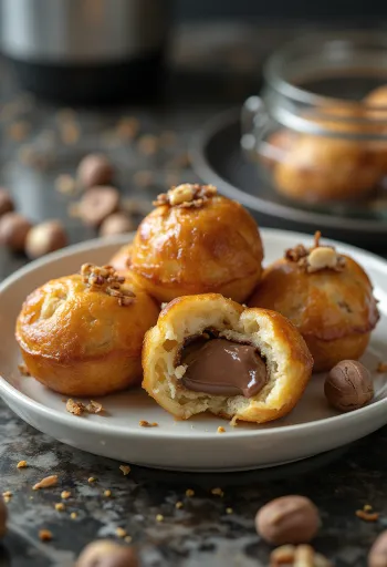 Z Nutello polnjen æbleskiver, zlato rjavo zapečen, posut s sladkorjem v prahu