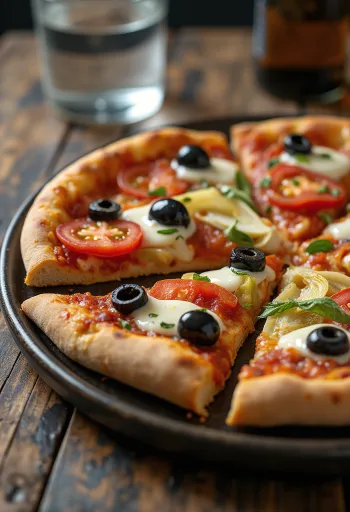 Pizza Mediterranea z oljkami, paradižnikom in artičokami