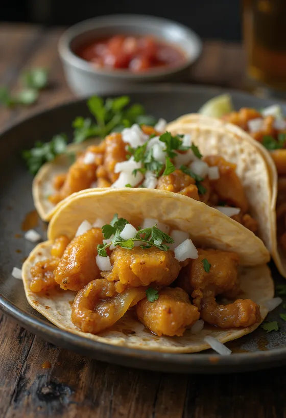 Tripas taco v koruzni tortilji s hrustljavo zapečenimi govejimi črevi