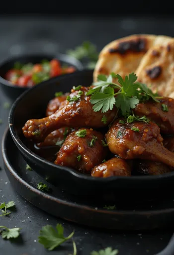 Adobo piščanec, postrežen z naan kruhom, v okusni začinjeni omaki