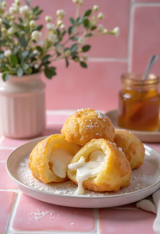 Æbleskiver z rikotinim nadevom, zlato rjave barve, postrežen posut s sladkorjem v prahu