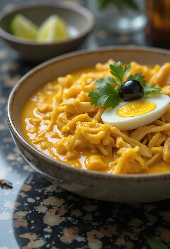 Ají de Gallina brez glutena, postrežen piščanec z arašidi in rumenim čilijem