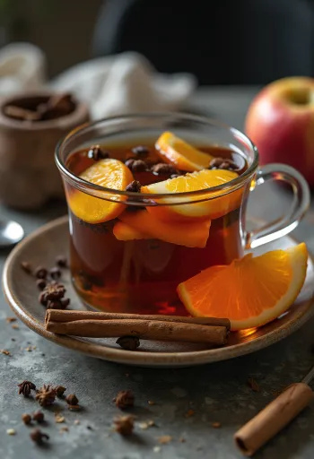 Jabolčno-pomarančni čaj postrežen v kozarcu