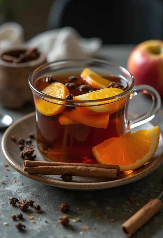 Jabolčno-pomarančni čaj postrežen v kozarcu