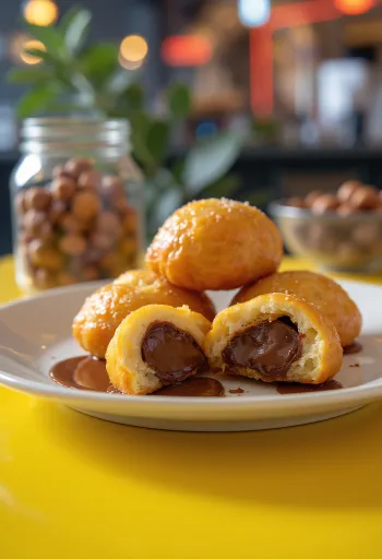 Loukoumades polnjeni z Nutello, zlato rjave krofne kroglice, postrežene z nadevom in sladkorjem v prahu