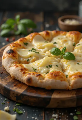 Pizza ai Formaggi postrežena z različnimi siri in svežo baziliko