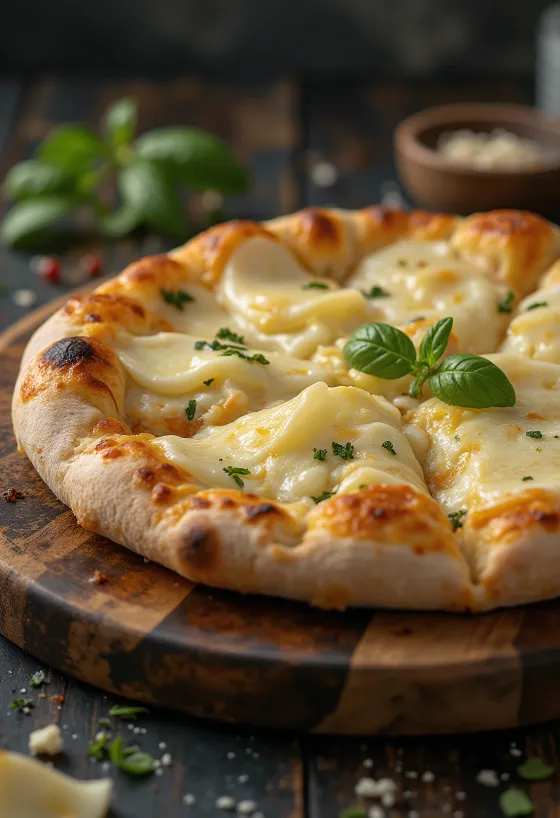 Pizza ai Formaggi postrežena z različnimi siri in svežo baziliko