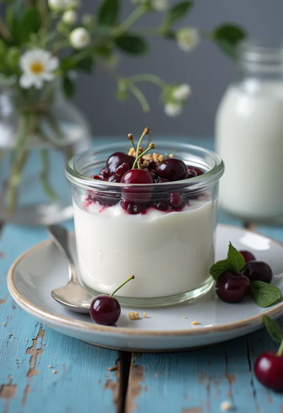 Probiotični češnjev jogurt, postrežen s svežimi češnjami