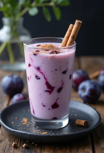 Slivov kefir s cimetom postrežen v kozarcih, kremast napitek rožnato-vijoličnega odtenka s koščki sliv