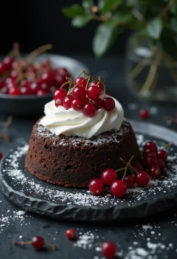 Ribezova čokoladna torta postrežena s svežim ribezom in sladkorjem v prahu