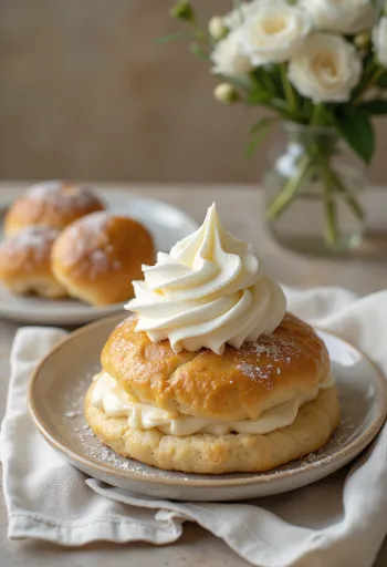 Semla z medeno kremo, postreženo pecivo