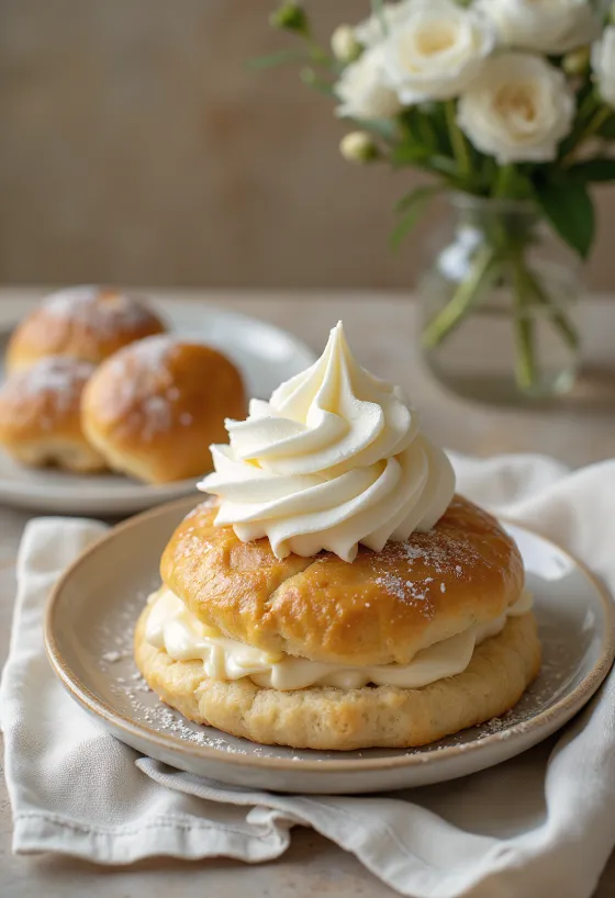Semla z medeno kremo, postreženo pecivo