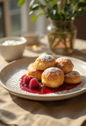 Æbleskiver z malinovo marmelado in sladkorjem v prahu na krožniku