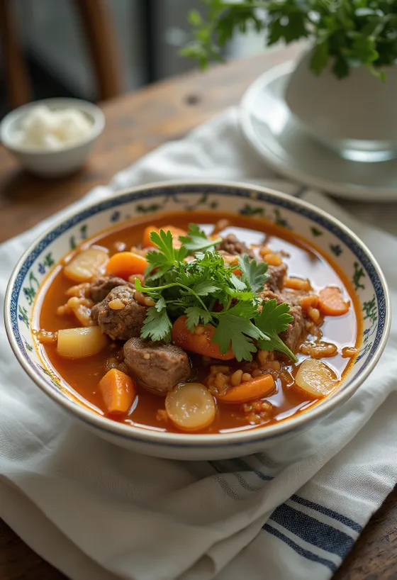 Bò Kho s koriandrom, bogata vietnamska mesna juha postrežena s svežim koriandrom in čili papriko