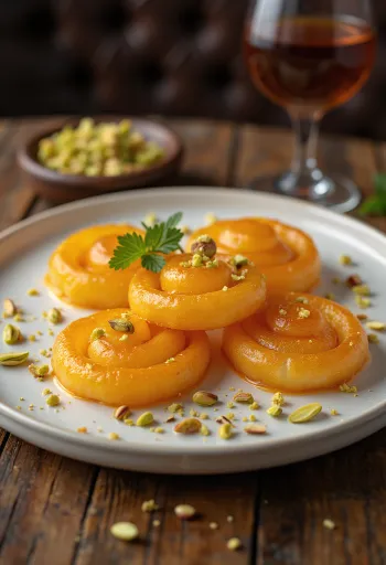 Jalebi palačinke z medom in pistacijami postrežene