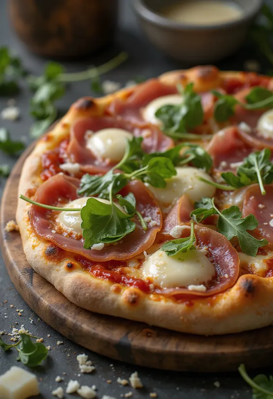 Pizza al Prosciutto Crudo postrežena s parmskim pršutom in rukolo
