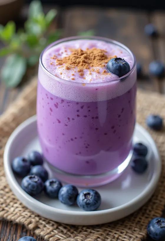 Probiotični začinjen borovničev kefir, postrežen s svežimi borovnicami