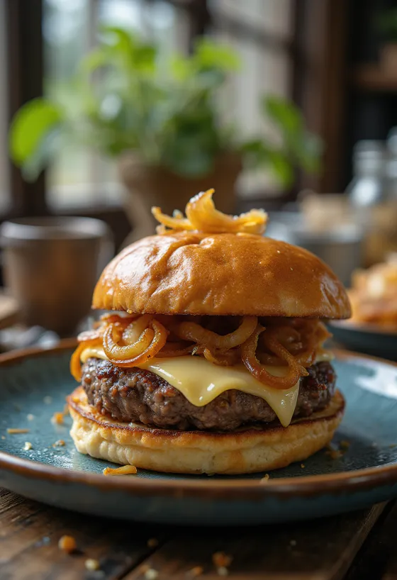 Hamburger s sirom Provolone s sočno mesno polpeto in stopljenim sirom provolone