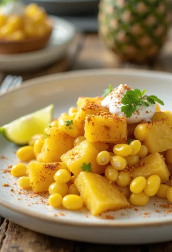Tamalito z ananasom, postrežen s feta sirom in rezinami limete