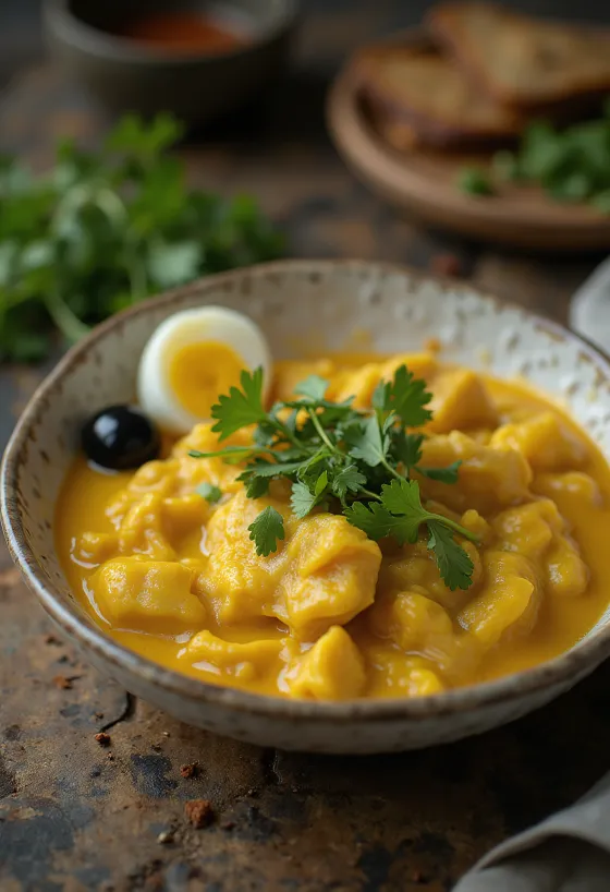 Ají de gallina s koriandrom, postrežen s kremasto omako