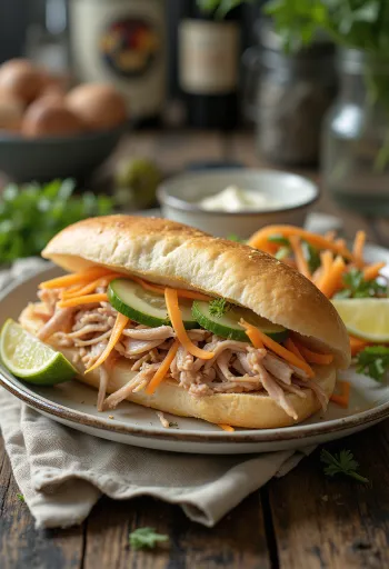 Bánh Mì Bì postrežen z nastrgano svinjino, svežo zelenjavo in koriandrom.