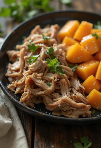 Kalua Pork s sladkim krompirjem, postrežen s svežim koriandrom