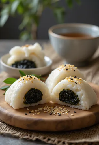 Onigiri z nadevom Nori tsukudani iz alg kuhanih v omaki sveže postrežen